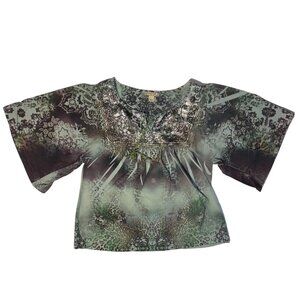Energe World Wear Bohemian Satin Studded Green Leopard Print Top Small Grunge